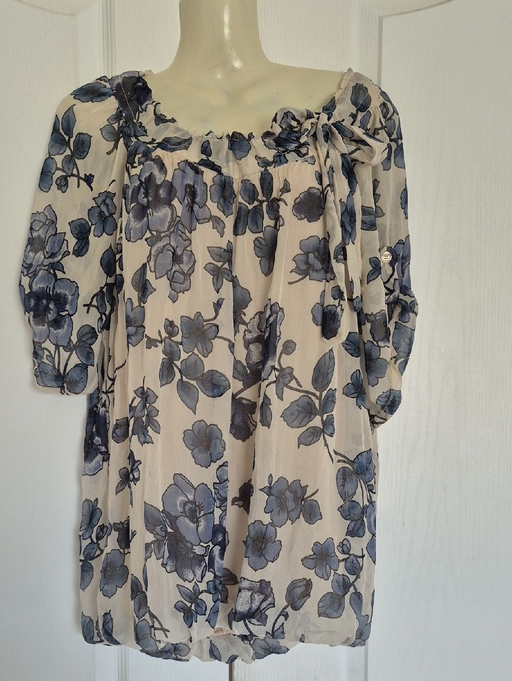 Floral Silk Peasant Top in Cream and Blue